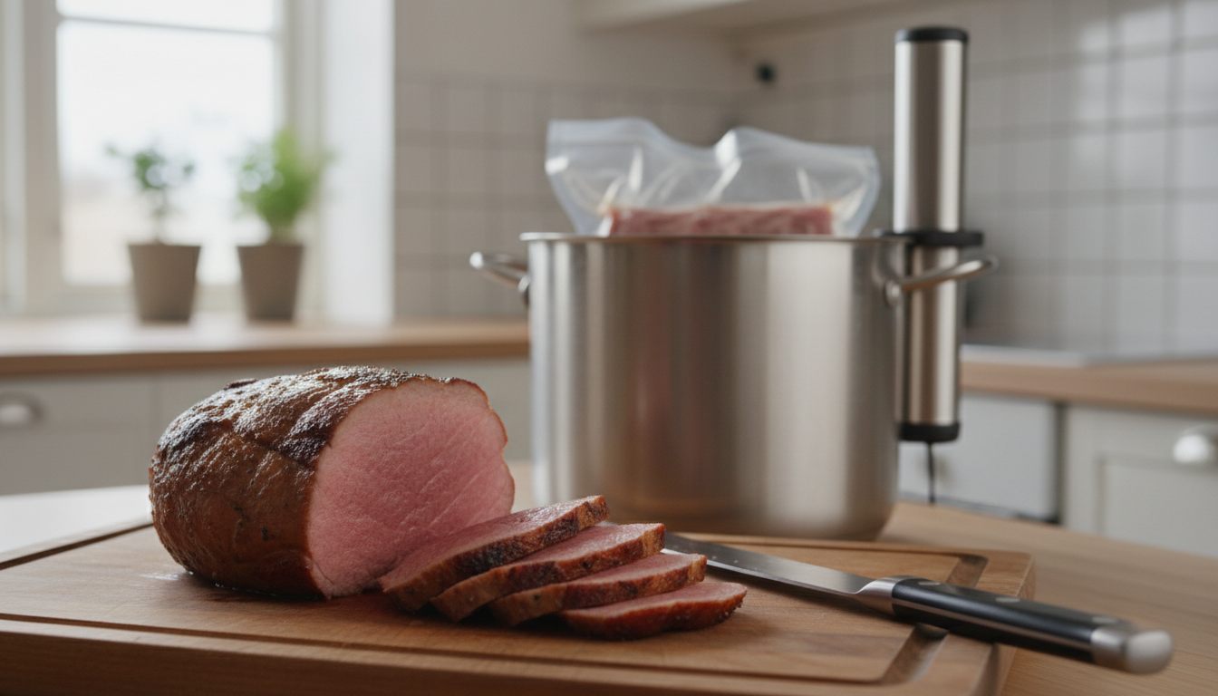Brynt kalvstek skuren i tunna skivor som är jämnt rosa ända ut i kanten, på en träskärbräda med förskärare, och en hög gryta med sous vide-stav och vakuumpåse i bakgrunden