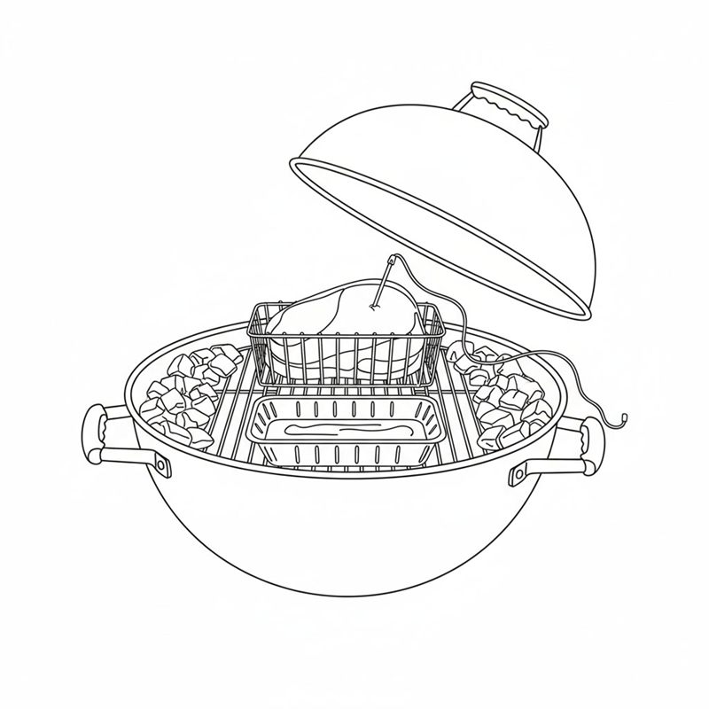 Steken ligger i en stekhållare av metall mitt på grillgallret i klotgrillen, en stektermometer är instucken, och locket är lyft.
