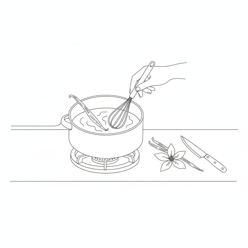 En hand vispar i en liten kastrull på en spis; en kluven vaniljstång ligger i kastrullen, och en vaniljstång och en liten kniv ligger på bordet.