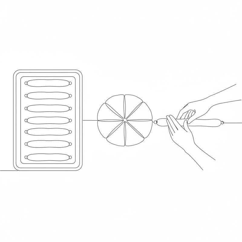 Illustration: degen är delad i åtta bitar och två händer rullar en bit till ett avlångt bröd bredvid en plåt