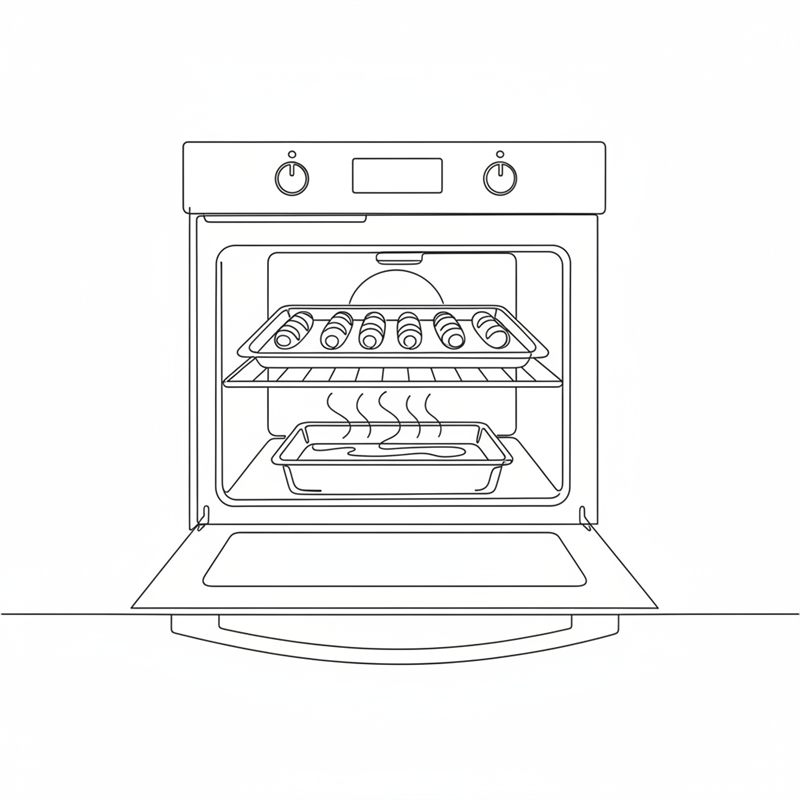 Illustration: en öppen ugn med en plåt korvbröd mitt i ugnen och en långpanna med ångande vatten i botten