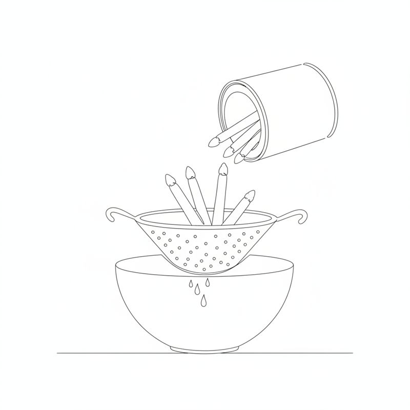 Illustration: vita sparrisbitar hälls ur burken ner i en sil som står över en skål så att lagen rinner av