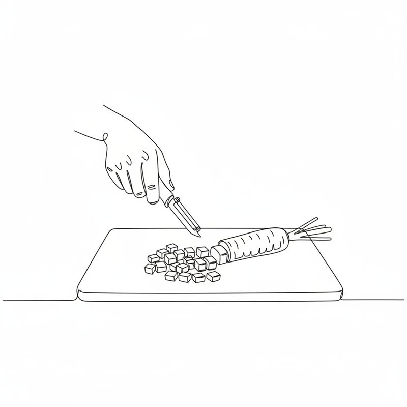 Illustration: en hand skalar en morot med potatisskalare på en skärbräda bredvid en hög färdigskurna morotstärningar