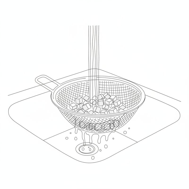 Illustration: de kokta morotstärningarna spolas under rinnande kallt vatten i en sil över en diskho