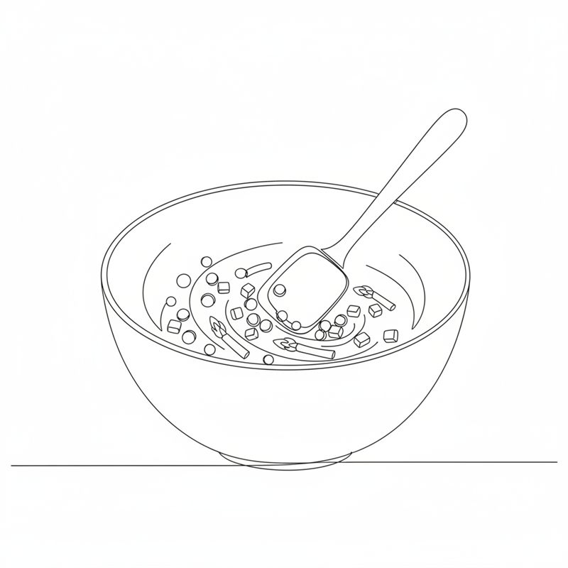 Illustration: en slickepott vänder ner ärtor, morotstärningar och sparrisbitar i dressingen i en stor bunke