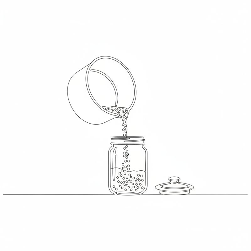 Illustration: de kokta senapsfrönen hälls med lagen i en ren glasburk