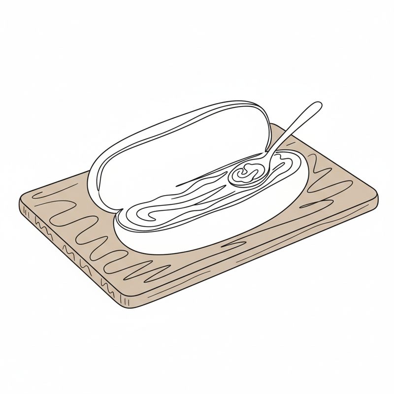 Illustration: remoulad breds ut i botten av ett delat korvbröd