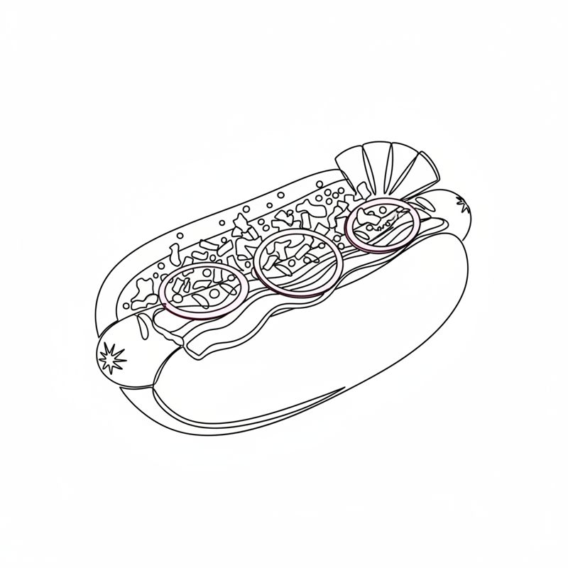 Illustration: färdig korv med bröd med bacon, picklad rödlök, rostad lök, gurksallad och senapsfrön