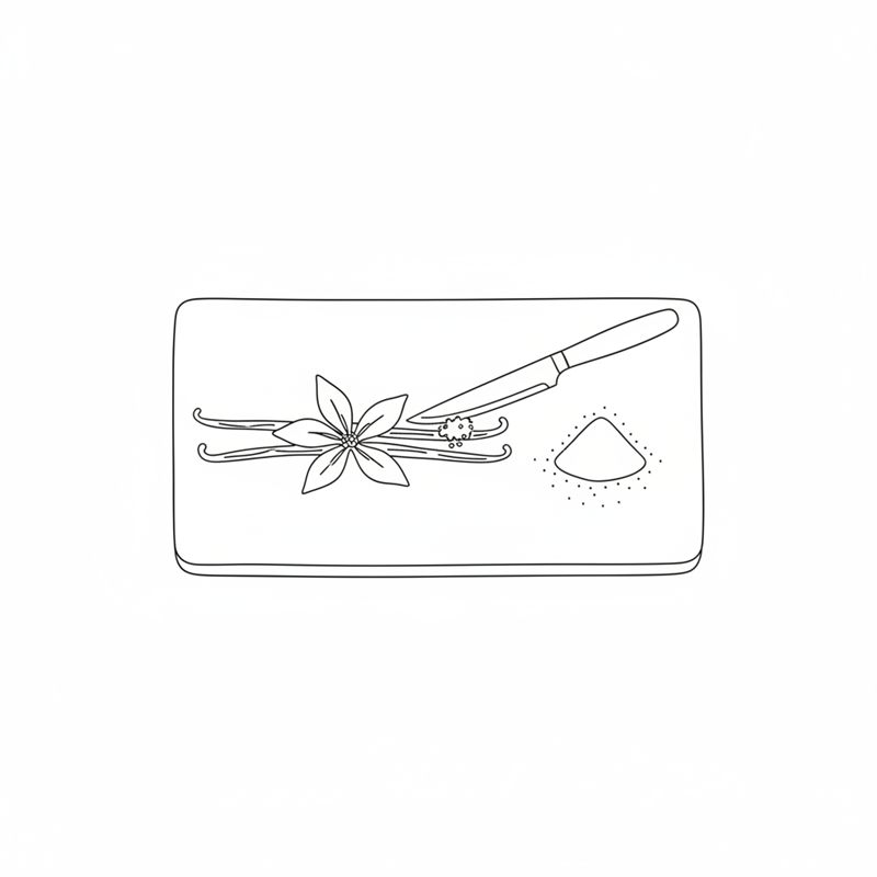 Illustration: vaniljstänger och en kniv på en skärbräda med en liten hög socker bredvid