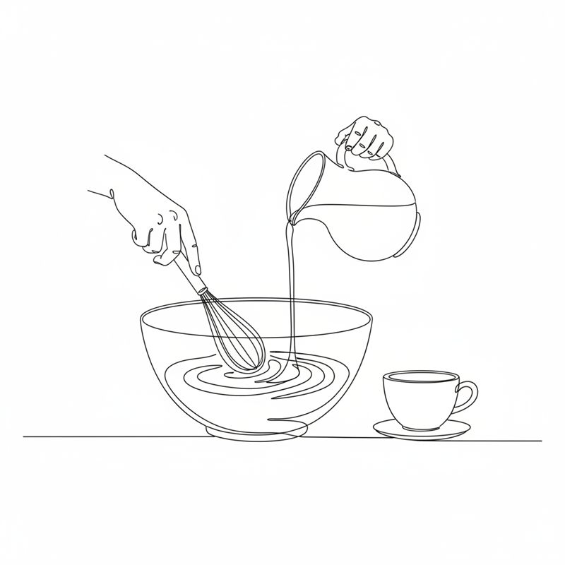 Illustration: en smet vispas i en bunke medan mjölk hälls i från en kanna, och en kopp kaffe står framme bredvid