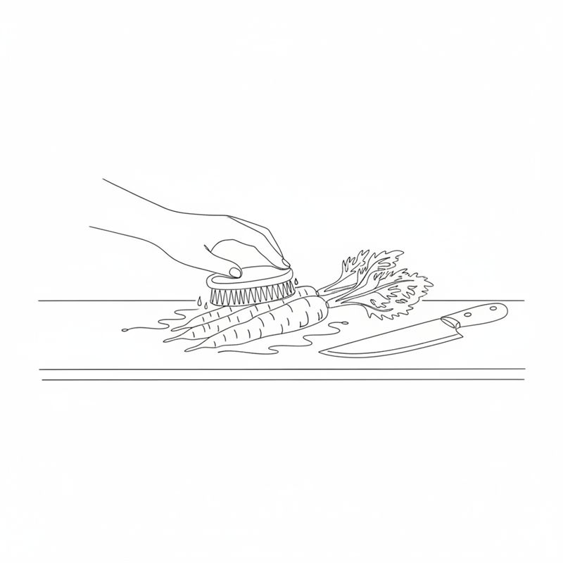 Illustration: en hand borstar hela morötter med blast, med en kniv redo att skära bort blasten