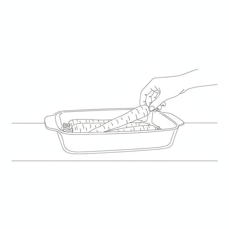 Illustration: hela morötter läggs i ett lager i en ugnsform på en köksbänk