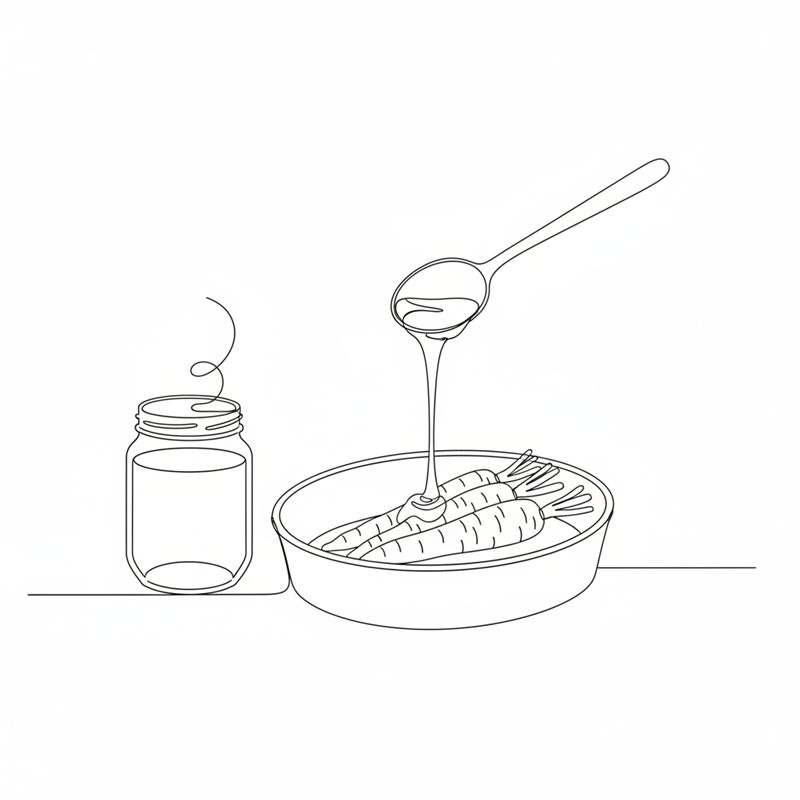 Illustration: flytande honung hälls från en sked över morötterna i ugnsformen