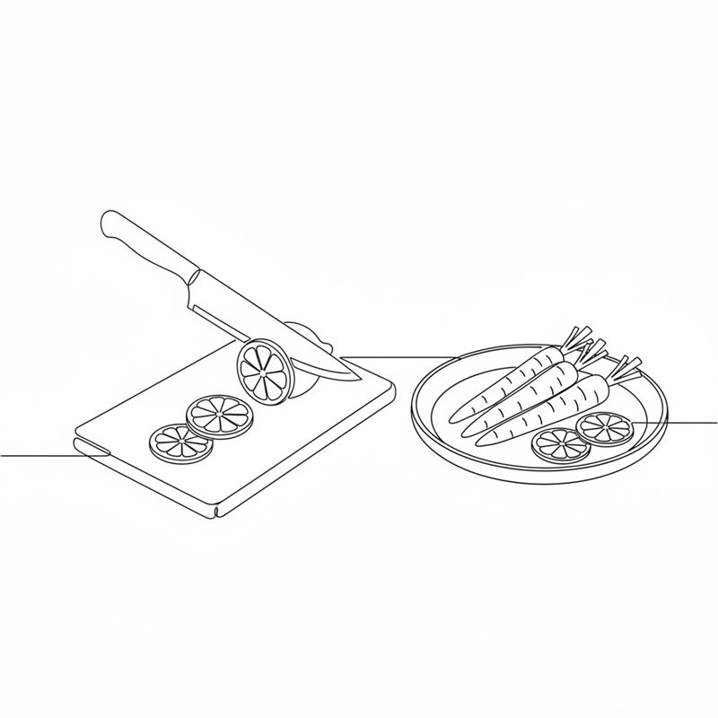 Illustration: en kniv skär en citron i skivor på en skärbräda bredvid formen med morötter