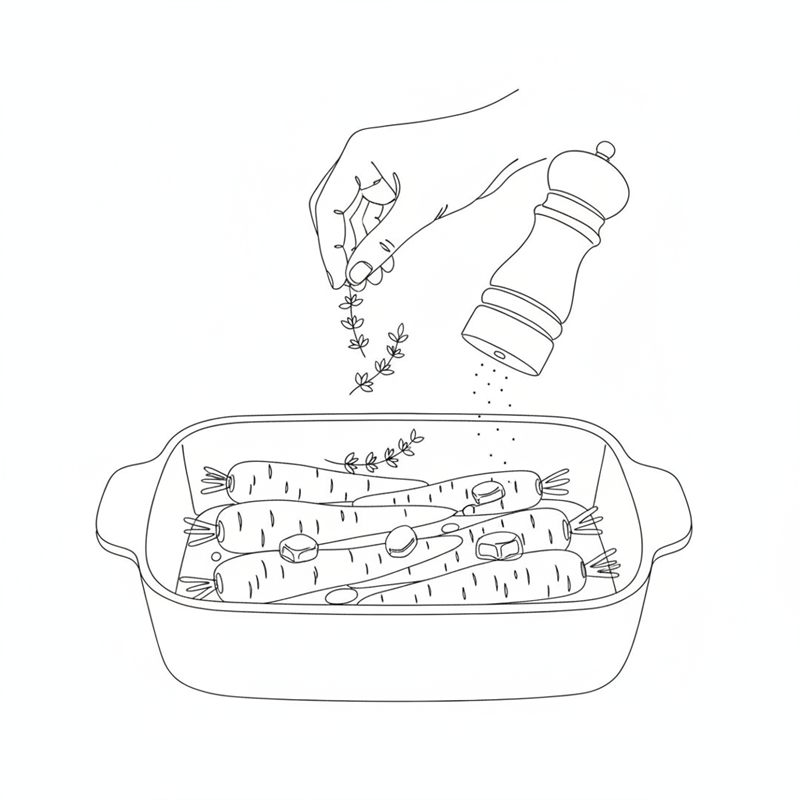 Illustration: färsk timjan strös över morötterna medan smörklickar fördelas och peppar mals över formen med en pepparkvarn