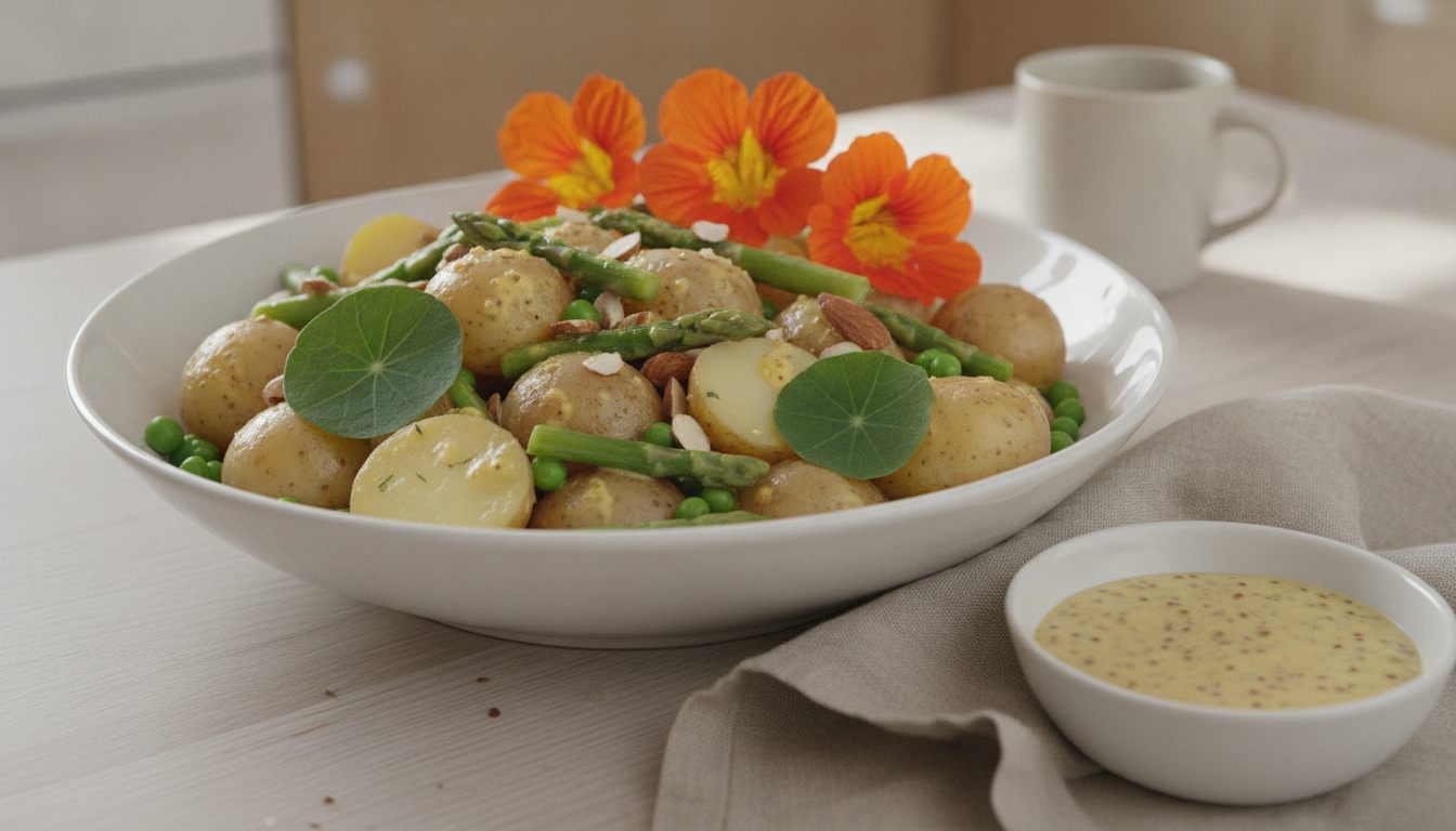 En vit, djup skål med små potatisar (hela och halverade, med skal), gröna sparrisbitar, gröna ärtor, mandlar, två runda, gröna krasseblad och tre orangea krasseblommor på toppen; en liten vit skål med gulaktig senapsdressing med synliga senapskorn står bredvid på en grå linneservett; ljust träbord, en vit mugg i bakgrunden.
