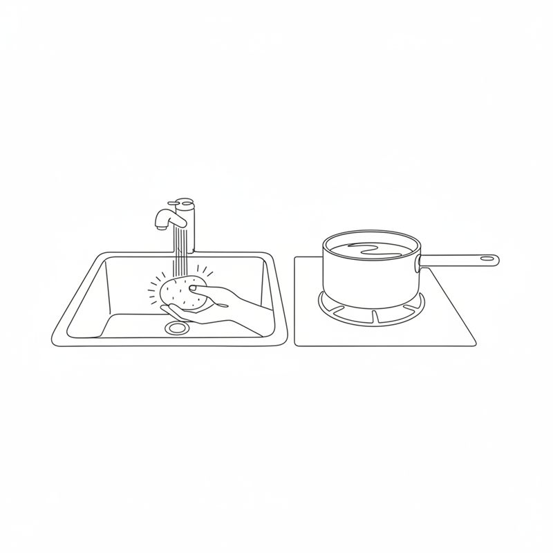 Illustration: små potatisar skrubbas under rinnande vatten med en kastrull vatten redo på spisen