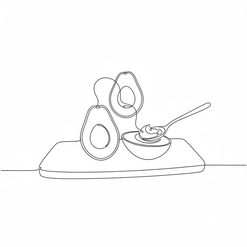 Illustration: en avokado delad på längden, kärnan urtagen och fruktköttet urskrapat med en sked