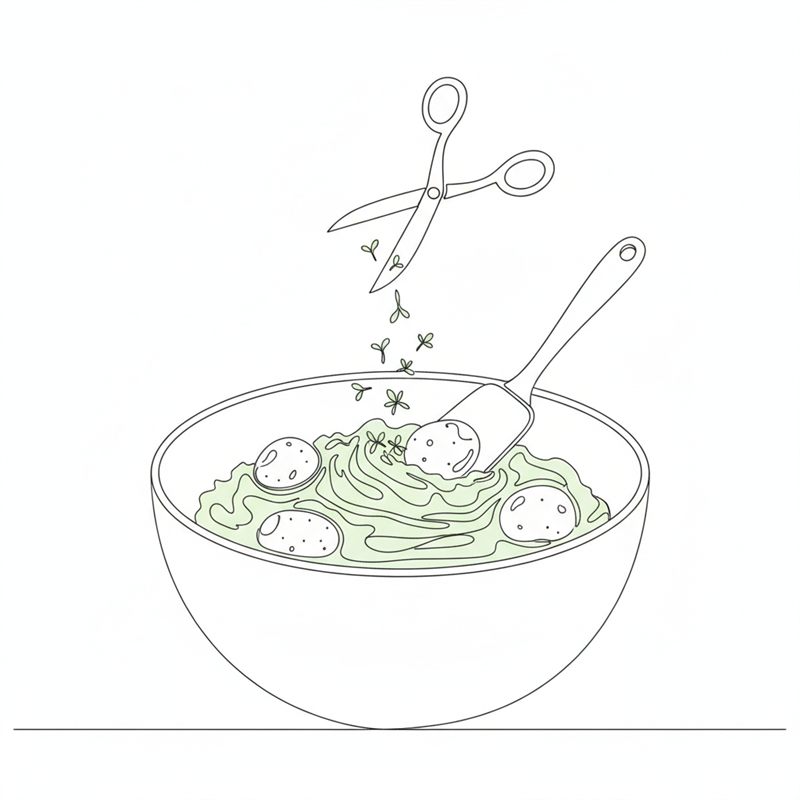 Illustration: kokta potatisar vänds ner i den gröna mosen medan krasse klipps över skålen