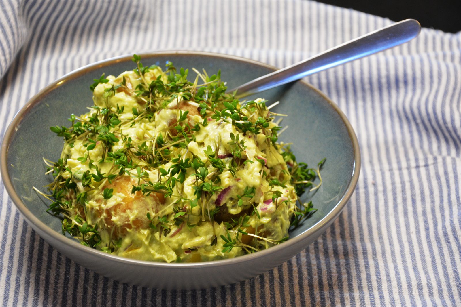 Grön potatissallad med avokado, färskost och rödlök i en blå skål, täckt av nyklippt krasse