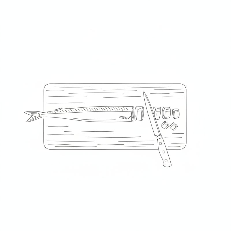 Illustration: en lång, smal näbbgädda utan huvud ligger på en skärbräda och skärs i korta bitar med en kockkniv