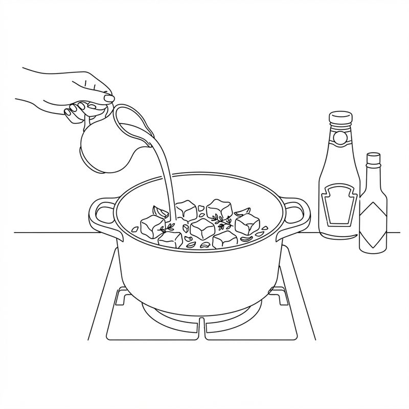 En hand häller grädde från en liten kanna ner i grytan med köttärningar; en ketchupflaska och en liten flaska sås står bredvid.