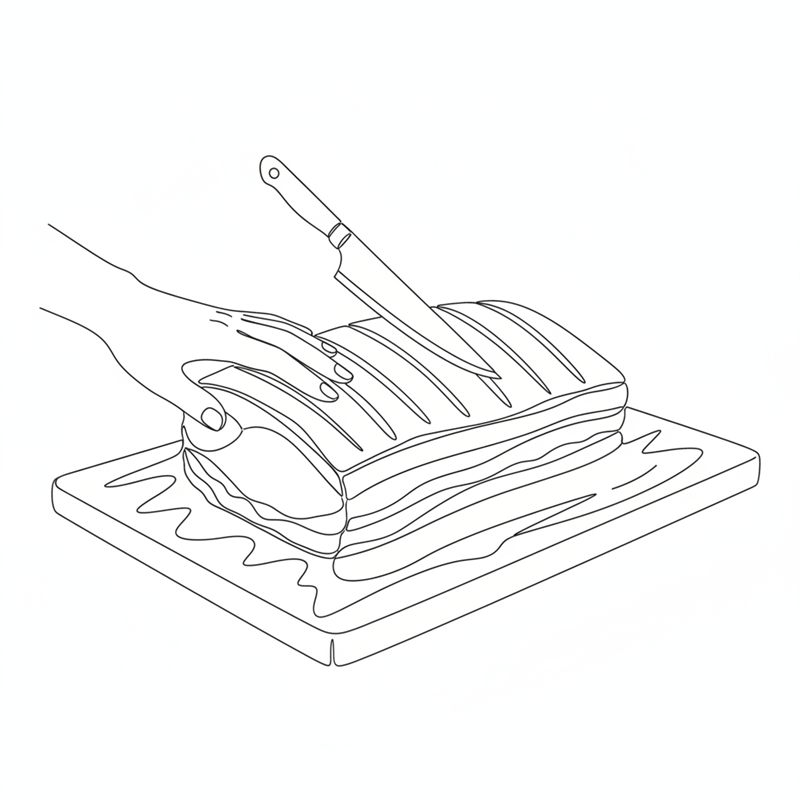 En hand håller en rå bit kött med svål på en skärbräda medan en kniv skär djupa, parallella snitt i svålen.