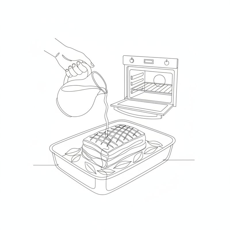 En hand häller vatten från en kanna ner i en ugnsfast form där steken med rutskuren svål ligger på lagerblad; en öppen ugn står bakom.