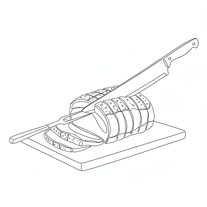 En lång kniv skär den stekta steken med skuren svål i skivor på en skärbräda; ett par skivor ligger framför.