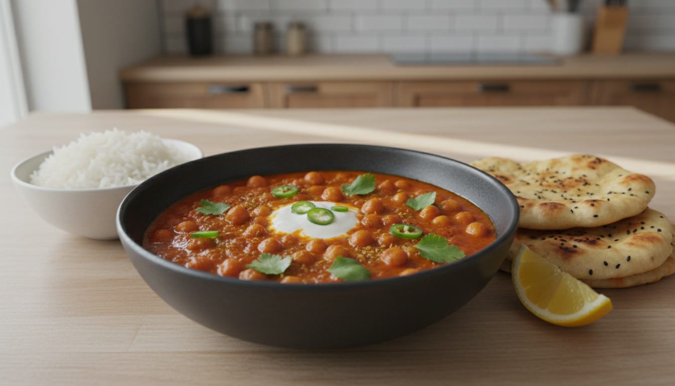 En djup, mörkgrå skål med kikärtor i en tjock, orangeröd tomatsås; en klick vit crème fraiche i mitten, tunna skivor grön chili och färska korianderblad på toppen. Till vänster en vit skål med vitt ris, till höger två naanbröd med svarta frön och en citronklyfta; ljust träbord med ett kök i bakgrunden.