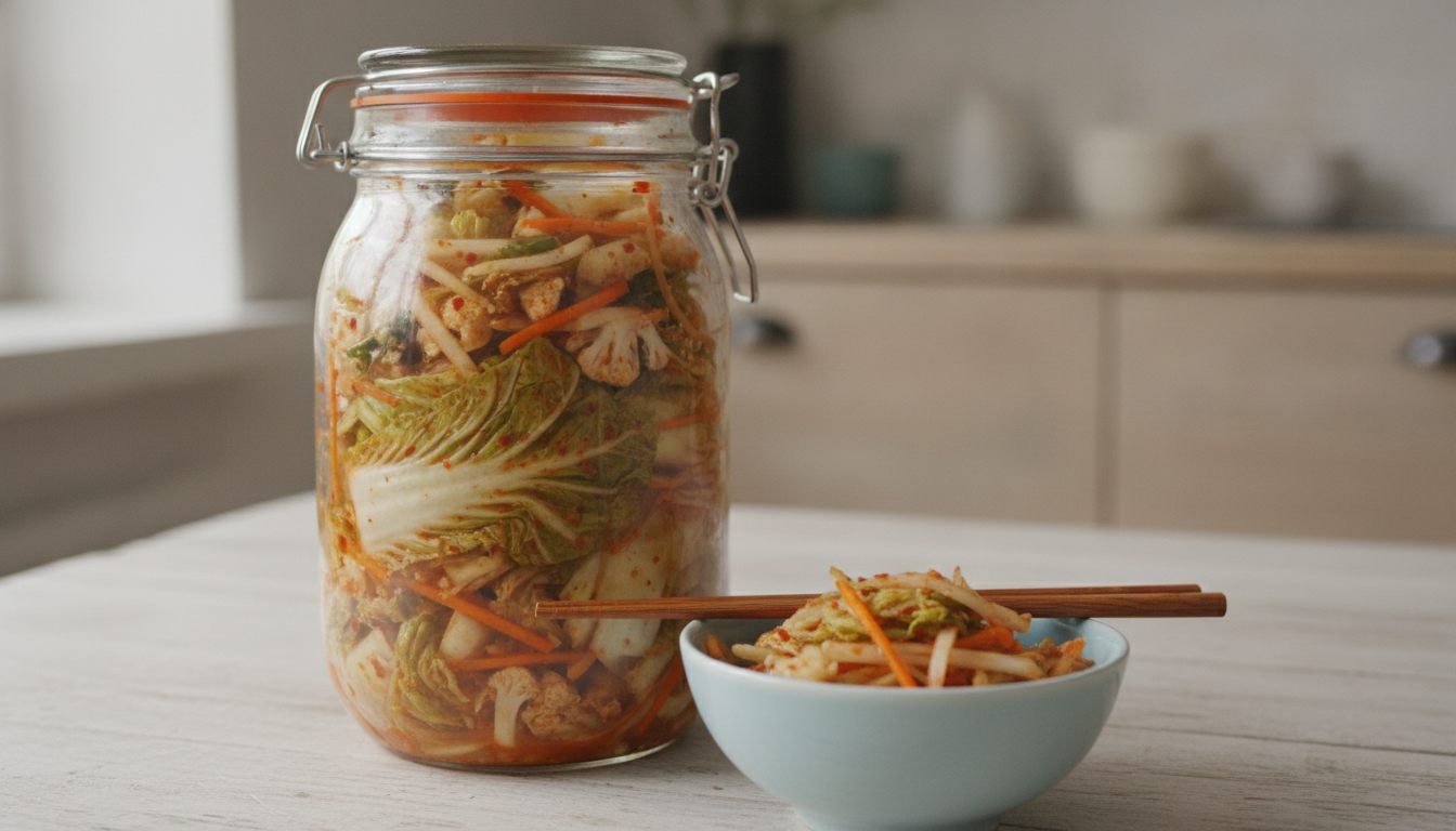 En glasburk med bygellock och orange gummiring fylld med kimchi – blad av salladskål, blomkålsbuketter, strimlad morot och vit rättika samt röda chiliflakes. Till höger en ljusblå skål med kimchi och ett par ätpinnar över kanten; ljust träbord och ett kök i bakgrunden.