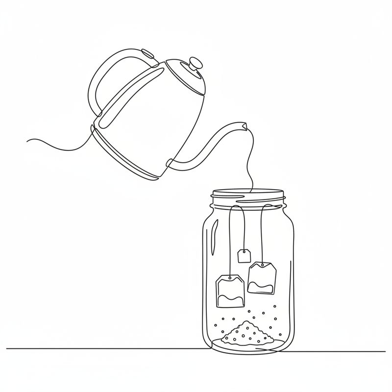 En vattenkokare häller kokande vatten i ett stort glas med två tepåsar och en liten hög socker i botten.