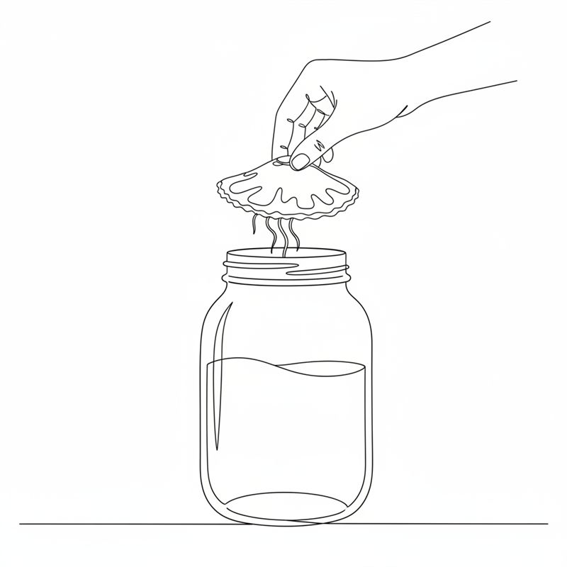 En hand sänker en platt SCOBY med vågiga kanter och hängande trådar ner i ett glas med te.