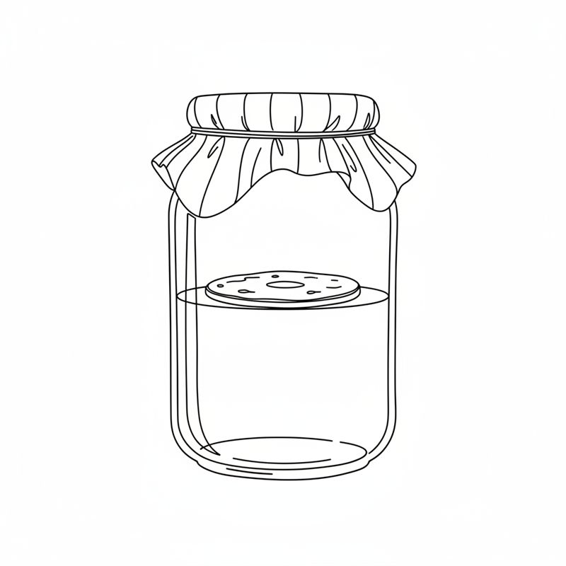 Ett glas med te och en platt SCOBY i ytan, täckt av en tygbit som hålls fast runt halsen med ett gummiband.