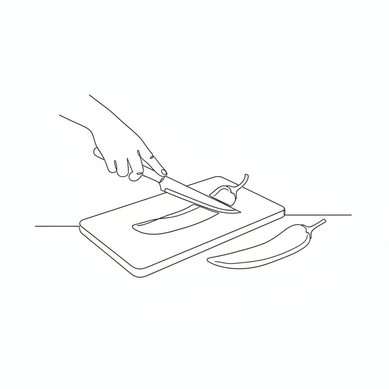 En hand klyver en chilifrukt på längden med en liten kniv på en skärbräda; en hel chili ligger bredvid.