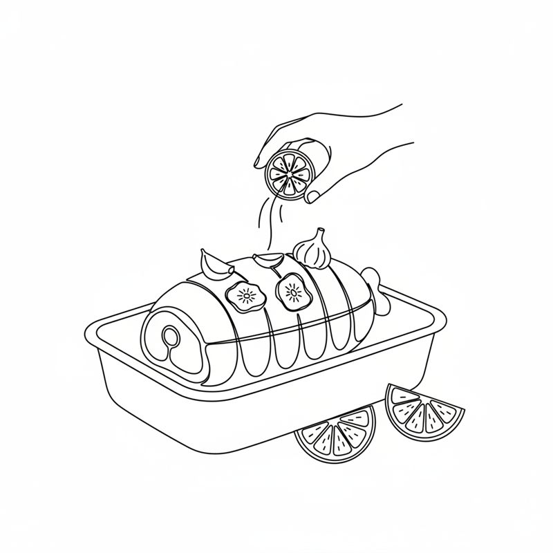 En hand pressar citron över en bunden stek i en ugnsfast form; citronskivor och vitlöksklyftor ligger på köttet och fler citronskivor ligger bredvid formen.