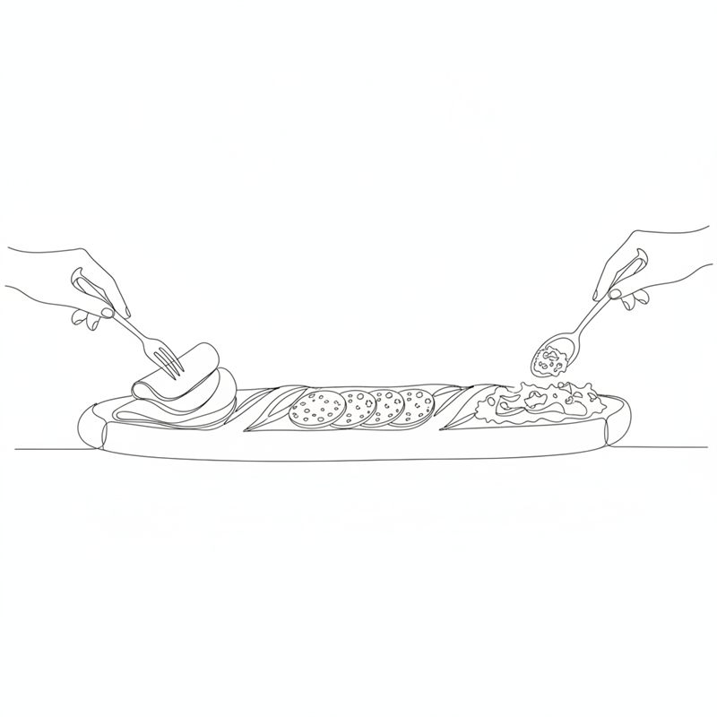 Två händer med gaffel och sked lägger vikta skinkskivor och en sked sallad på en lång baguette, där runda korvskivor redan ligger i mitten.