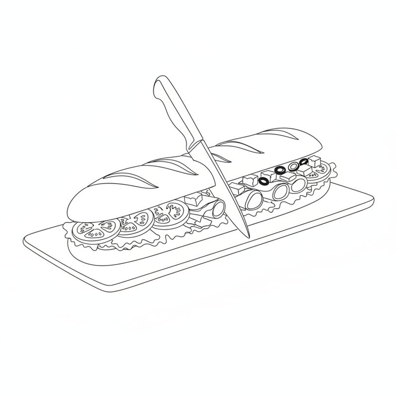 En kniv skär igenom en lång fylld baguette med lock, som en lång smörgås med sallad och tomat, på en bräda.
