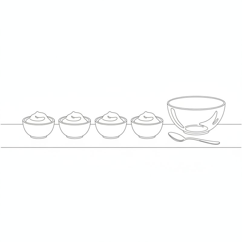 Fyra små portionsskålar fyllda med mousse står på rad på ett bord; en tom bunke står bredvid och en sked ligger intill.