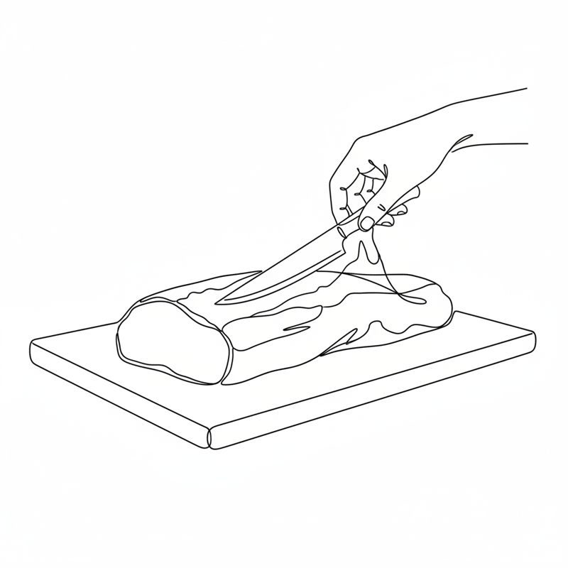 En hand skär med en liten kniv bort den tunna silverhinnan från en hel, rå oxfilé på en skärbräda.