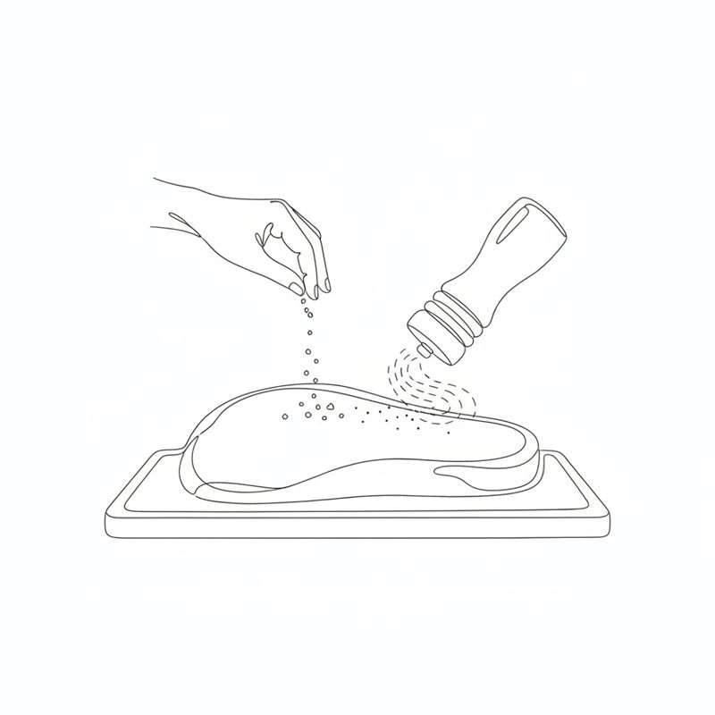 En hand strör salt över en rå oxfilé på en skärbräda medan en pepparkvarn maler peppar över köttet.