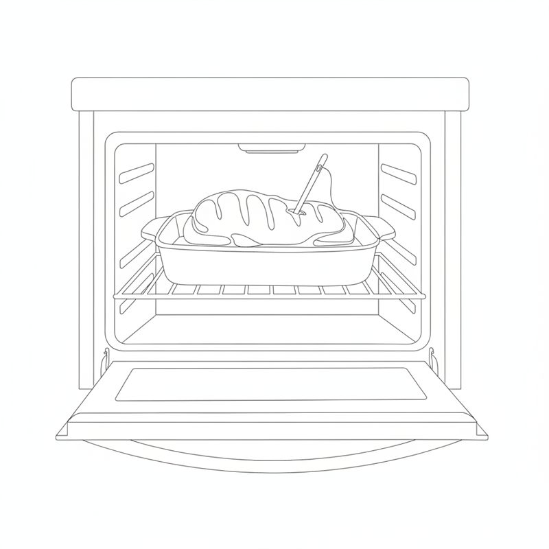 En brynt oxfilé i en rektangulär ugnsfast form på gallret i en öppen ugn, med en stektermometer instucken i köttet.